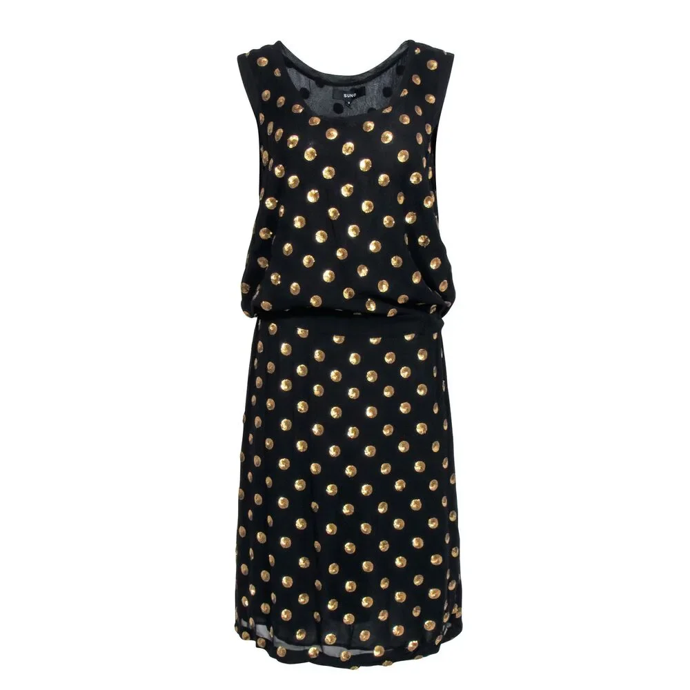 Suno - Black Sleeveless w/ Gold Sequin Polka Dot Dress Sz 2 Size 2